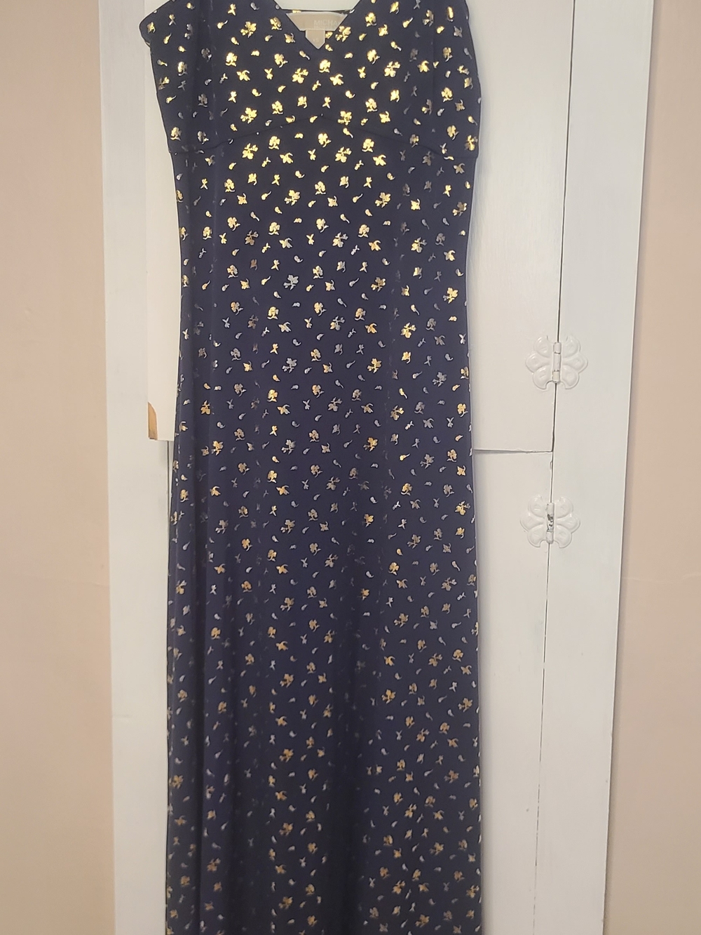 Michael Kors Navy Maxi Dress with Gold Floral Motif